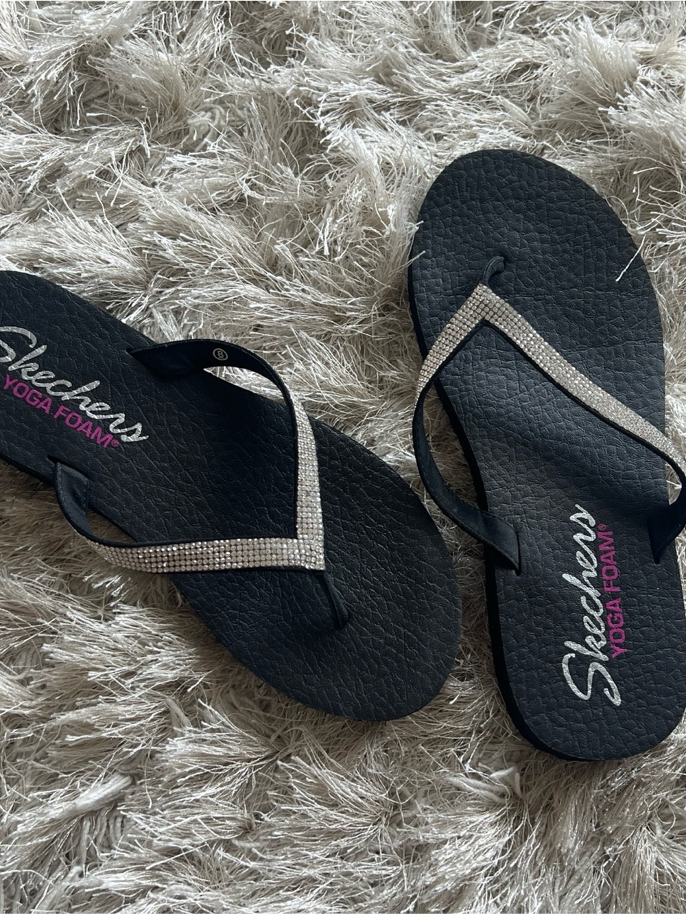 Skechers Black Flip Flop Sandals with Rhinestone T-Strap Yoga Foam - Picture 4 of 8